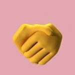 A 3D rendering of two yellow emoji hands shaking against a pink backdrop.